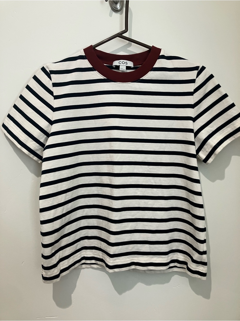 COS Clean Cut Regular T shirt Cream and Navy Striped Tee Burgundy Collar